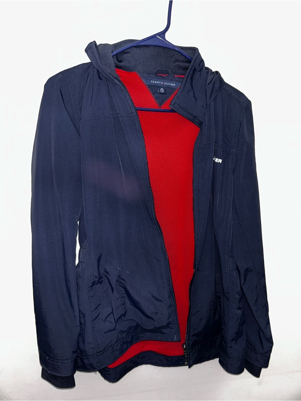 Tommy Hilfiger Navy Hooded Windbreaker with Red Liner